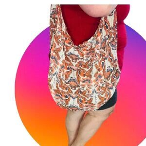 Free People Linen Shoulder Bag Boho Floral Farmer's Market Beach Tote Festival